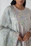 Buy_Chhaya Mehrotra_Gray Chanderi, Silk Organza Embroidery Round Neck Chalk Grey Kurta Pant Set 