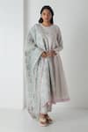 Buy_Chhaya Mehrotra_Gray Chanderi, Silk Organza Embroidery Round Neck Chalk Grey Kurta Pant Set _at_Aza_Fashions
