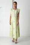 Chhaya Mehrotra_Green Chanderi, Silk Organza Embroidery, Lace Round Neck Tea Kurta Pant Set _Online_at_Aza_Fashions