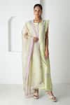 Buy_Chhaya Mehrotra_Green Chanderi, Silk Organza Embroidery, Lace Round Neck Tea Kurta Pant Set _at_Aza_Fashions