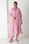 Buy_Chhaya Mehrotra_Pink Chanderi, Silk Organza Embroidery V-neck Orchid Kurta Set _at_Aza_Fashions