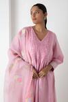 Shop_Chhaya Mehrotra_Pink Chanderi, Silk Organza Embroidery V-neck Orchid Kurta Set _Online_at_Aza_Fashions