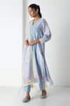 Buy_Chhaya Mehrotra_Blue Chanderi, Silk Organza Embroidery V-neck Powder Kurta Pant Set _Online_at_Aza_Fashions