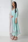 Chhaya Mehrotra_Aqua Chanderi, Silk Organza Embroidery V-neck Kurta Pant Set _Online_at_Aza_Fashions