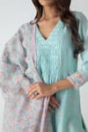 Shop_Chhaya Mehrotra_Aqua Chanderi, Silk Organza Embroidery V-neck Kurta Pant Set _Online_at_Aza_Fashions