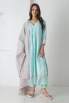 Buy_Chhaya Mehrotra_Aqua Chanderi, Silk Organza Embroidery V-neck Kurta Pant Set _at_Aza_Fashions