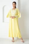 Chhaya Mehrotra_Yellow Chanderi, Silk Organza Embroidery Round Neck Designer Kurta Pant Set _Online_at_Aza_Fashions
