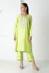 Chhaya Mehrotra_Green Chanderi, Silk Organza Embroidery Round Neck Kurta Pant Set _Online_at_Aza_Fashions