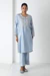 Chhaya Mehrotra_Blue Chanderi, Silk Organza Embroidery, Lace Round Neck Powder Kurta Pant Set _Online_at_Aza_Fashions
