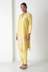 Shop_Chhaya Mehrotra_Yellow Chanderi, Silk Organza Embroidery V-neck Illuminating Kurta Set _Online_at_Aza_Fashions