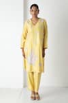 Chhaya Mehrotra_Yellow Chanderi, Silk Organza Embroidery V-neck Illuminating Kurta Set _at_Aza_Fashions
