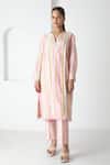 Chhaya Mehrotra_Pink Chanderi, Silk Organza Embroidery Split V-neck Striped Kurta Pant Set _Online_at_Aza_Fashions