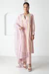 Buy_Chhaya Mehrotra_Pink Chanderi, Silk Organza Embroidery Split V-neck Striped Kurta Pant Set _at_Aza_Fashions