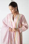 Shop_Chhaya Mehrotra_Pink Chanderi, Silk Organza Embroidery Split V-neck Striped Kurta Pant Set _Online_at_Aza_Fashions