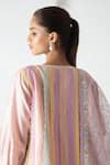 Chhaya Mehrotra_Pink Chanderi, Silk Organza Embroidery Split V-neck Striped Kurta Pant Set _at_Aza_Fashions