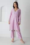 Buy_Chhaya Mehrotra_Lavender Chanderi, Silk Organza Embroidery V-neck Kurta Pant Set _Online_at_Aza_Fashions