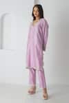 Shop_Chhaya Mehrotra_Lavender Chanderi, Silk Organza Embroidery V-neck Kurta Pant Set _Online_at_Aza_Fashions