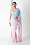 Buy_Chhaya Mehrotra_Aqua Chiffon, Chanderi Round Neck Gradient Saree With Blouse _at_Aza_Fashions