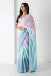 Buy_Chhaya Mehrotra_Aqua Chiffon, Chanderi Embroidery Scoop Neck Powder Blue-aqua Ombre Saree Set _at_Aza_Fashions