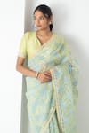 Buy_Chhaya Mehrotra_Yellow Chiffon, Chanderi Embroidery Round Neck Designer Plum Saree Set _Online_at_Aza_Fashions