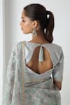 Chhaya Mehrotra_Gray Chiffon, Chanderi Embroidery Round Neck Ice Grey Floral Saree Set _Online_at_Aza_Fashions