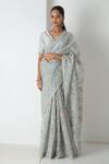 Buy_Chhaya Mehrotra_Gray Chiffon, Chanderi Embroidery Round Neck Ice Grey Floral Saree Set _at_Aza_Fashions