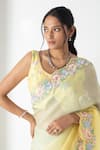 Chhaya Mehrotra_Yellow Chiffon, Chanderi Embroidery Round Neck Yellow-green Saree Set _Online_at_Aza_Fashions