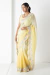 Shop_Chhaya Mehrotra_Yellow Chiffon, Chanderi Embroidery Round Neck Yellow-green Saree Set _Online_at_Aza_Fashions