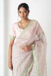 Shop_Chhaya Mehrotra_Pink Chiffon, Chanderi Embroidery Round Neck Designer Saree With Stitched Blouse _Online_at_Aza_Fashions