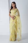 Chhaya Mehrotra_Yellow Chiffon, Chanderi Embroidery Round Neck Illuminating Saree Set _Online_at_Aza_Fashions