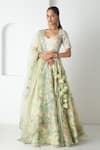Buy_Chhaya Mehrotra_Green Silk Organza, Chanderi Fabric Flowers, Embroidery Round Tea Lehenga Set _at_Aza_Fashions