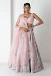Buy_Chhaya Mehrotra_Peach Chanderi, Silk Organza Embroidery Round Neck Pink Lehenga Set _at_Aza_Fashions