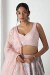 Shop_Chhaya Mehrotra_Peach Chanderi, Silk Organza Embroidery Round Neck Pink Lehenga Set _Online_at_Aza_Fashions