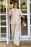 Sonam Parmar Jhawar_Beige Collared Crochet Boho Shirt And Pant Set _Online_at_Aza_Fashions