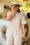 Shop_Sonam Parmar Jhawar_Beige Collared Crochet Boho Shirt And Pant Set 