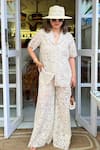 Buy_Sonam Parmar Jhawar_Beige Collared Crochet Boho Shirt And Pant Set _at_Aza_Fashions