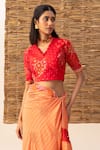 Naina Jain_Orange Silk, Cotton Embroidery V-neck Polka Bandhani Saree With Blouse _Online_at_Aza_Fashions