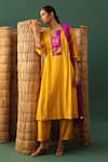 Buy_Naina Jain_Mustard Silk Round Neck Patchwork Bandhani Suit Set _at_Aza_Fashions