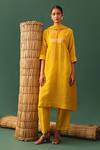 Buy_Naina Jain_Yellow Chanderi, Silk, Satin, Georgette Round Neck Patchwork Suit Set _at_Aza_Fashions