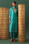 Buy_Naina Jain_Blue , Organza Gota Patti Split V-neck Bandhani Hand Cut Suit Set _at_Aza_Fashions