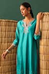 Naina Jain_Blue , Organza Gota Patti Split V-neck Bandhani Hand Cut Suit Set _Online_at_Aza_Fashions