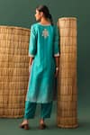 Shop_Naina Jain_Blue , Organza Gota Patti Split V-neck Bandhani Hand Cut Suit Set _at_Aza_Fashions