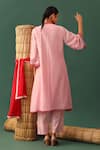 Shop_Naina Jain_Pink Silk, Georgette, Satin Mirrors Mandarin Collar Bandhani Work Kurta Set _at_Aza_Fashions