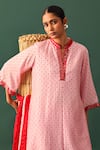 Shop_Naina Jain_Pink Silk, Georgette, Satin Mirrors Mandarin Collar Bandhani Work Kurta Set _Online_at_Aza_Fashions