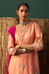 Buy_Naina Jain_Peach Silk Gota Patti V-neck Bandhani Suit Set _Online_at_Aza_Fashions