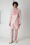Buy_Chhaya Mehrotra_Peach Chanderi Embroidery Pink Block Printed Kurta Set _at_Aza_Fashions