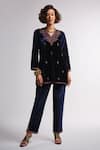 Buy_Samyukta Singhania_Navy Polyester Embroidery V-neck Velvet Kurta Pant Set _at_Aza_Fashions