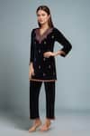 Samyukta Singhania_Navy Polyester Embroidery V-neck Velvet Kurta Pant Set _Online_at_Aza_Fashions