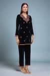 Samyukta Singhania_Navy Polyester Embroidery V-neck Velvet Kurta Pant Set _at_Aza_Fashions