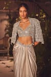 Roqa_Ivory Net, Modal, Satin Embroidery, Sequins Designer Jacket Blouse Skirt Set _Online_at_Aza_Fashions